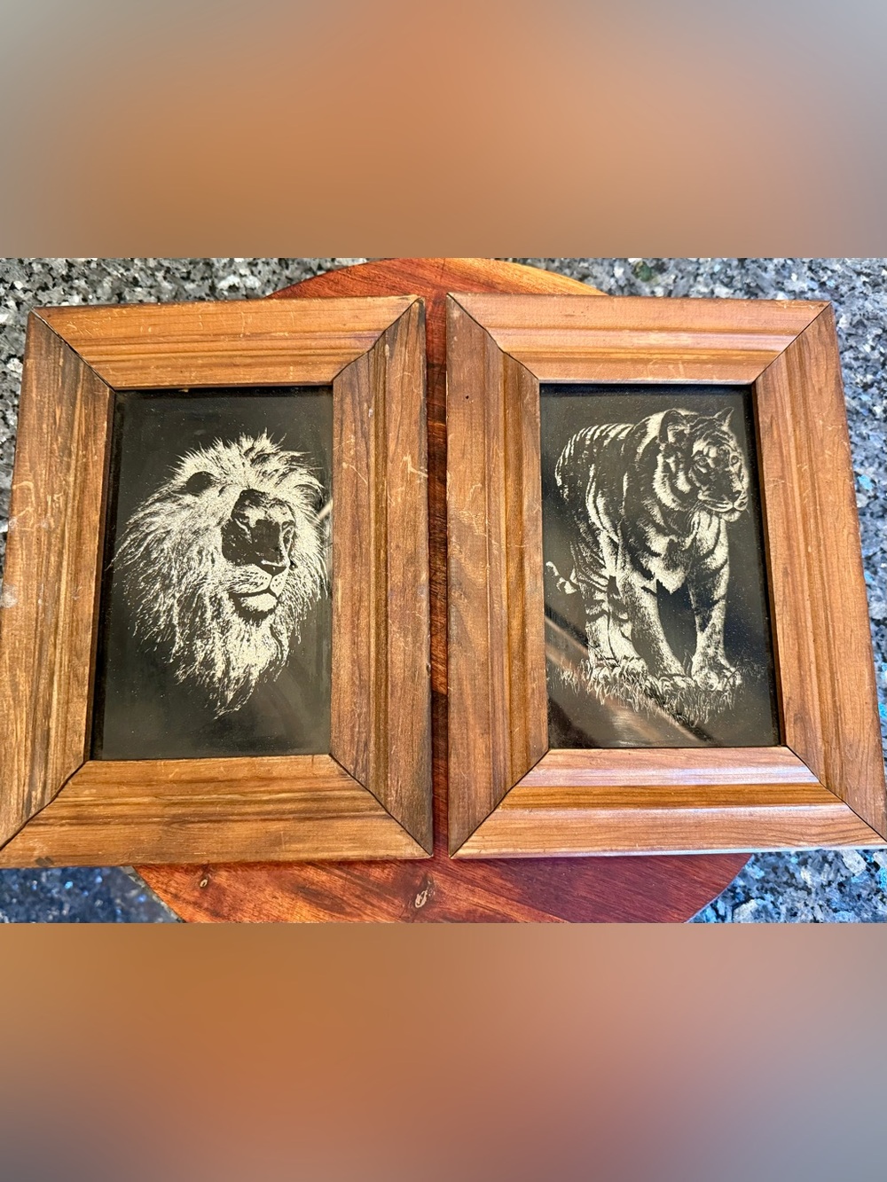 A Pair of Vintage Scratch Art of a Lion and Tiger Glitter Background 1980s